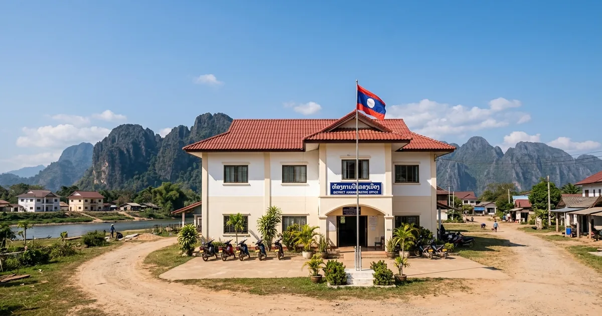A provincial administrative office building in Laos with the national flag