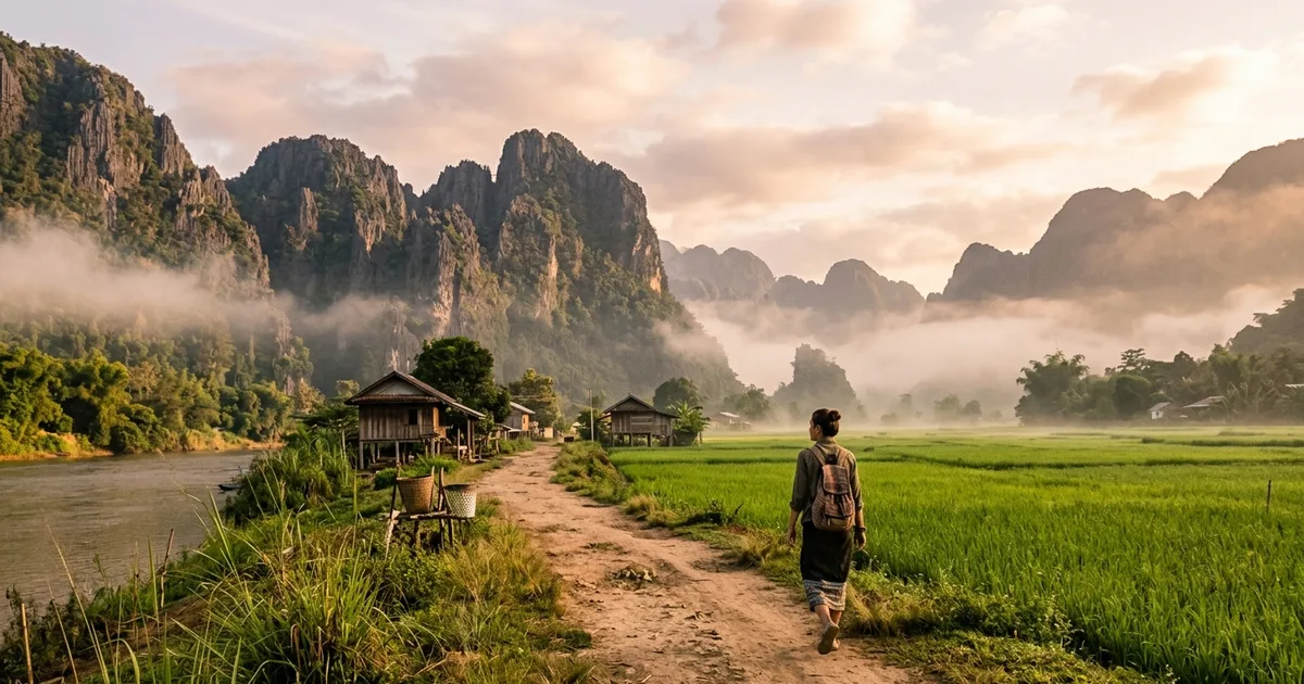 A quiet riverside path in rural Laos with karst mountains in the background
