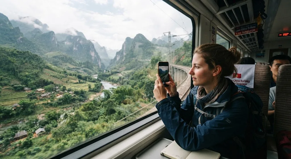 A Laos-China Railway train crossing the mountains of northern Laos