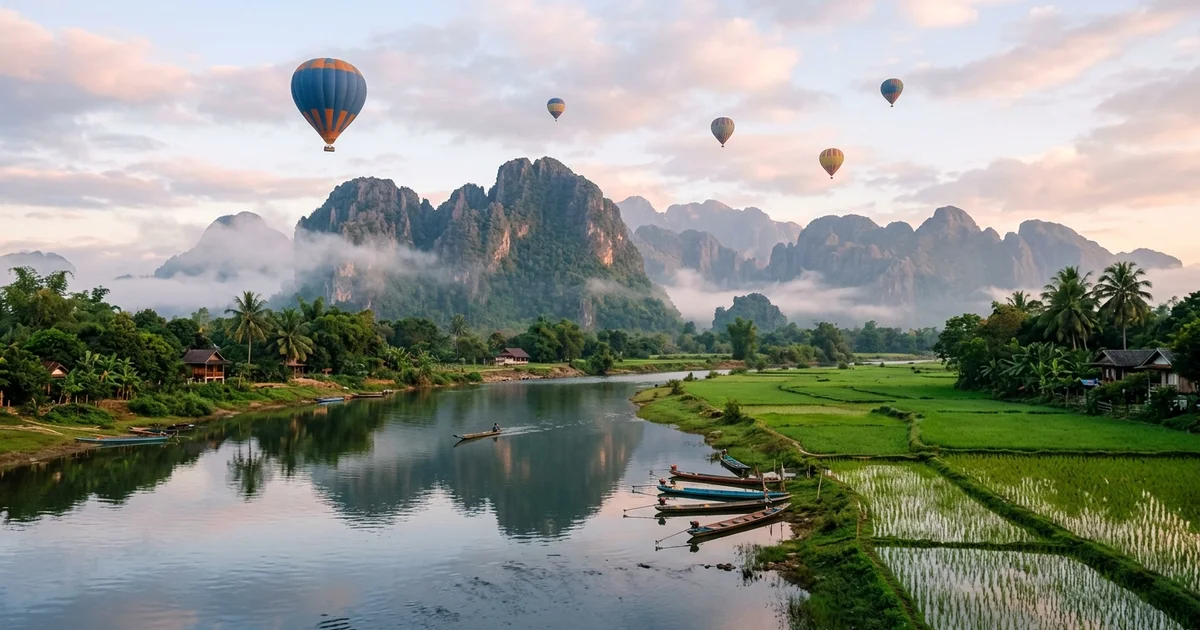 Hot air balloons over the karst mountains and Nam Song river at Vang Vieng, Laos, at sunrise